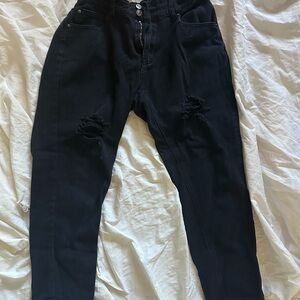 Black Distressed High-Rise Baggy Straight Jeans